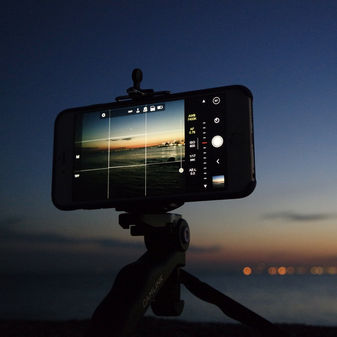 Copyright Free Images | iPhone camera on a tripod at sunset taking a picture of the sky